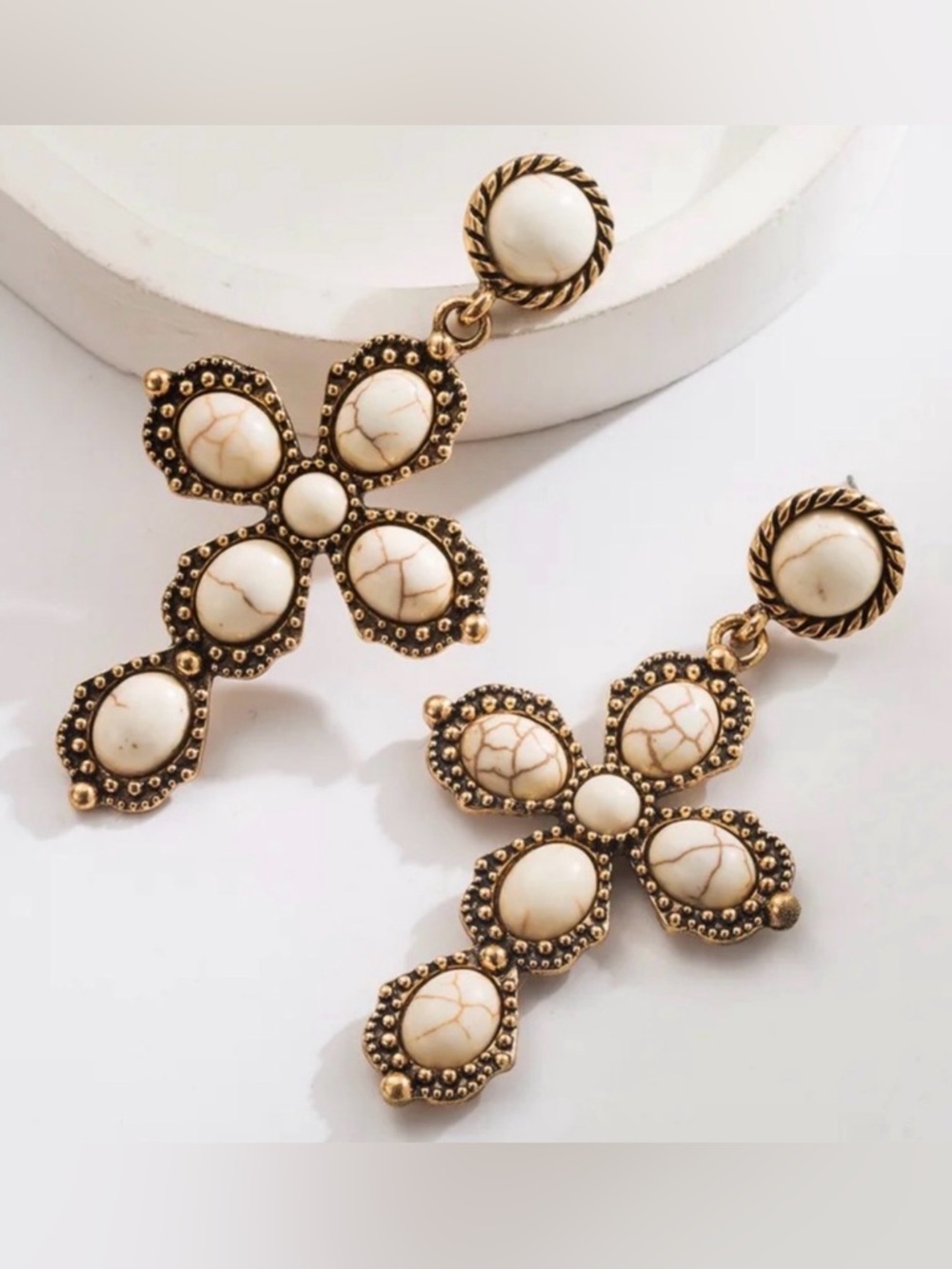 Ivory Cross Earrings Vintage Style